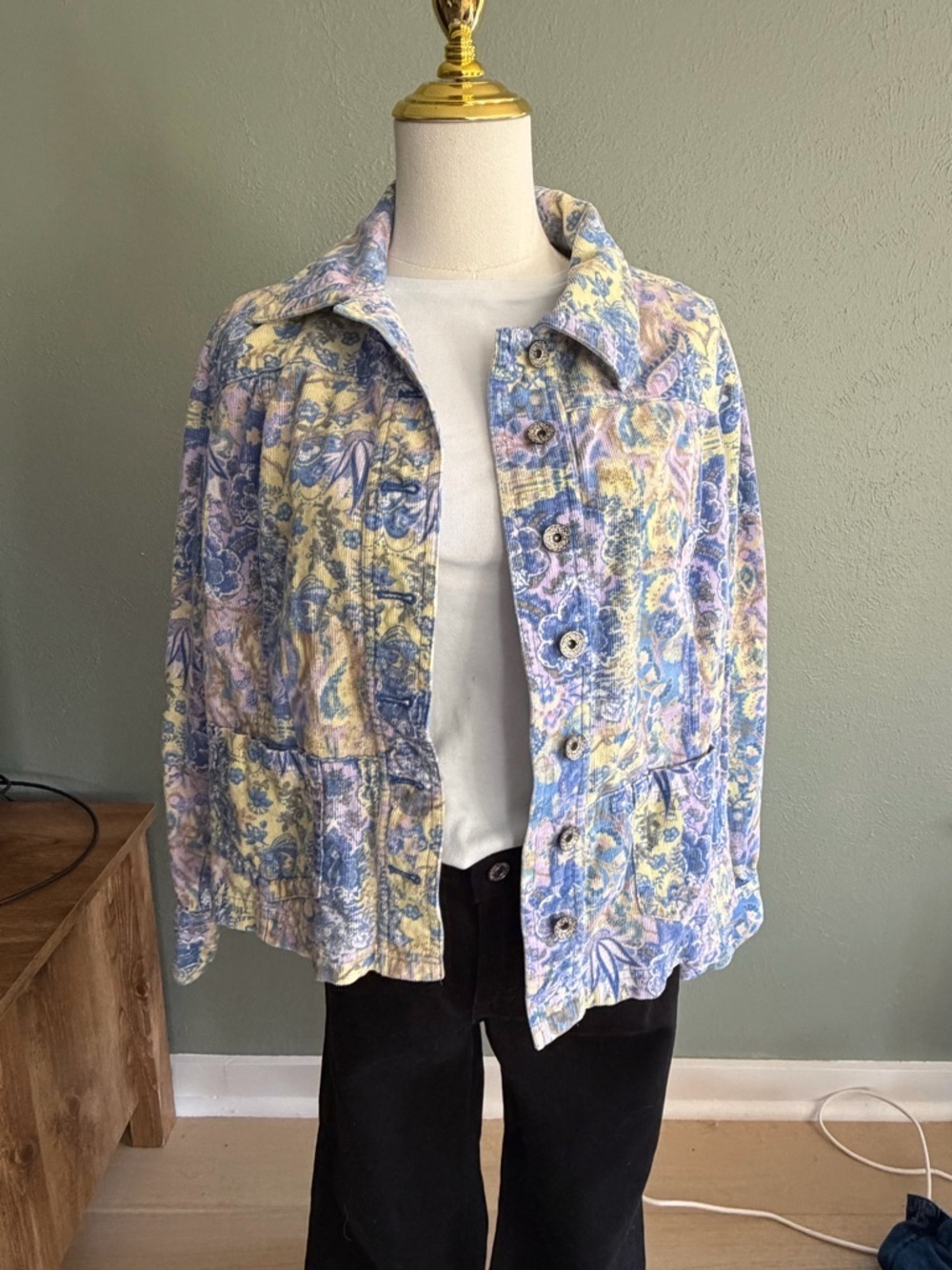 Pastel Floral Button-Front Jacket - Blue & Yellow
